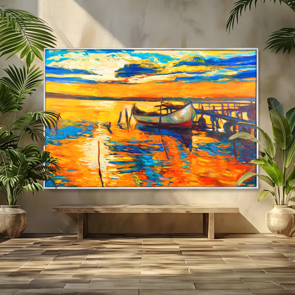 Tablou canvas cu pictura cu barca la apus, in rama de aluminiu argintiu